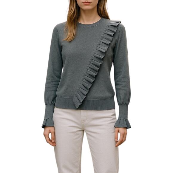 Miss Selfridge Asymmetric Ruffle Crewneck Pullover Sweater Gray Size 2 - Picture 9 of 9